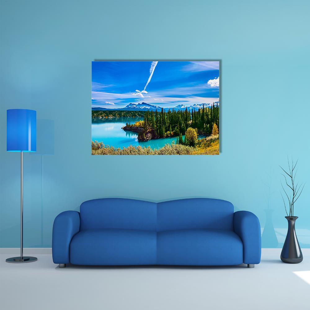 Turquoise Abraham Lake Landscape Canvas Wall Art in green, blue and multicolor, single panel hung on a wall