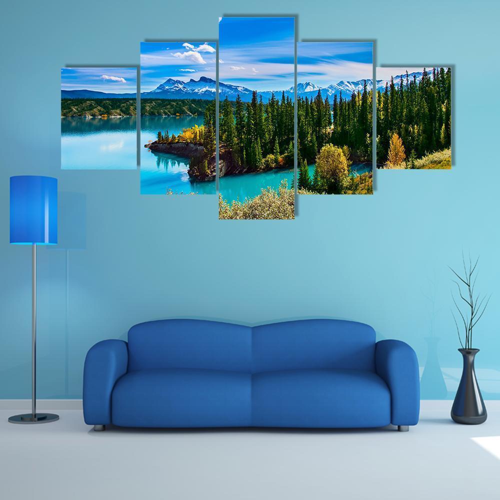 Turquoise Abraham Lake Landscape Canvas Wall Art in green, blue and multicolor, 5 panel Star layout hung on a wall
