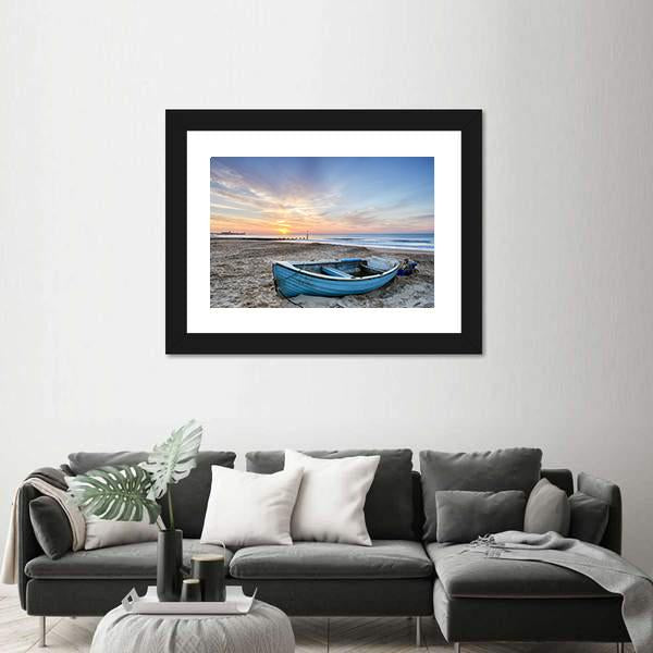 Turquoise Blue Fishing Boat At Sunrise Canvas Wall Art-1 Piece-Framed Print-20" x 16"-Tiaracle