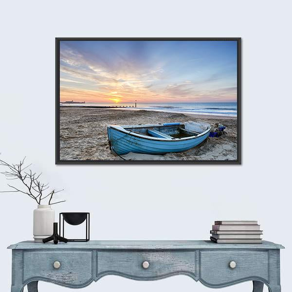 Turquoise Blue Fishing Boat At Sunrise Canvas Wall Art-5 Horizontal-Gallery Wrap-22" x 12"-Tiaracle