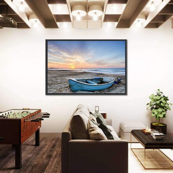 Turquoise Blue Fishing Boat At Sunrise Canvas Wall Art-5 Horizontal-Gallery Wrap-22" x 12"-Tiaracle