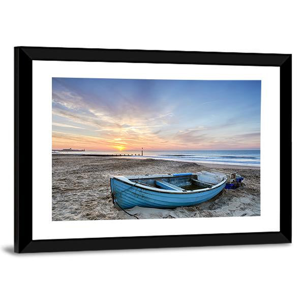 Turquoise Blue Fishing Boat At Sunrise Canvas Wall Art-5 Horizontal-Gallery Wrap-22" x 12"-Tiaracle