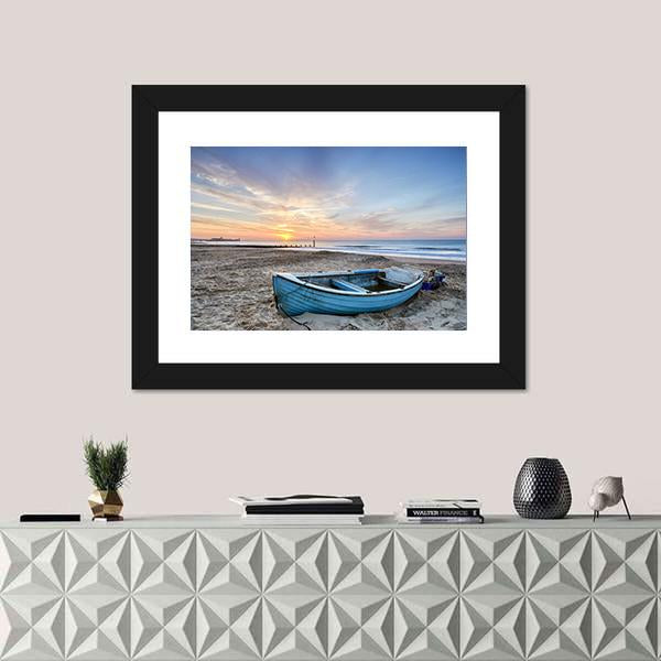 Turquoise Blue Fishing Boat At Sunrise Canvas Wall Art-5 Horizontal-Gallery Wrap-22" x 12"-Tiaracle