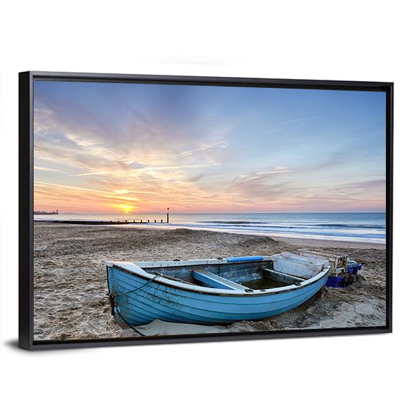 Turquoise Blue Fishing Boat At Sunrise Canvas Wall Art-5 Horizontal-Gallery Wrap-22" x 12"-Tiaracle