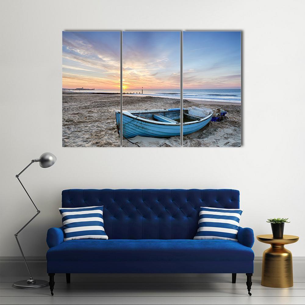 Turquoise Blue Fishing Boat At Sunrise Canvas Wall Art-3 Horizontal-Gallery Wrap-37" x 24"-Tiaracle