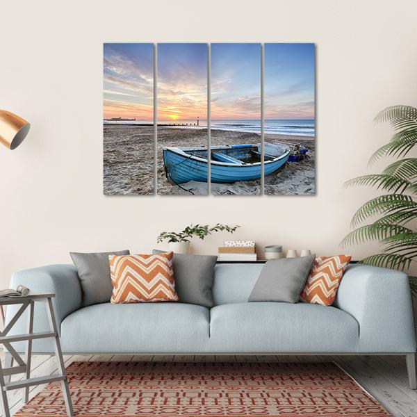 Turquoise Blue Fishing Boat At Sunrise Canvas Wall Art-4 Horizontal-Gallery Wrap-34" x 24"-Tiaracle
