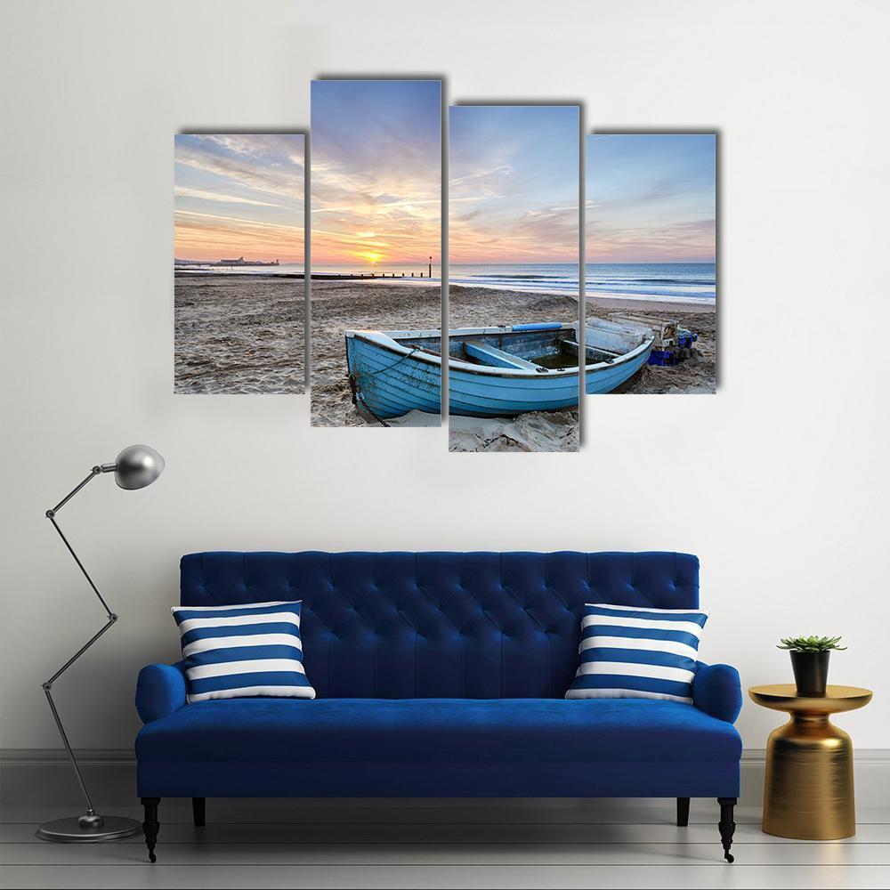 Turquoise Blue Fishing Boat At Sunrise Canvas Wall Art-4 Pop-Gallery Wrap-50" x 32"-Tiaracle
