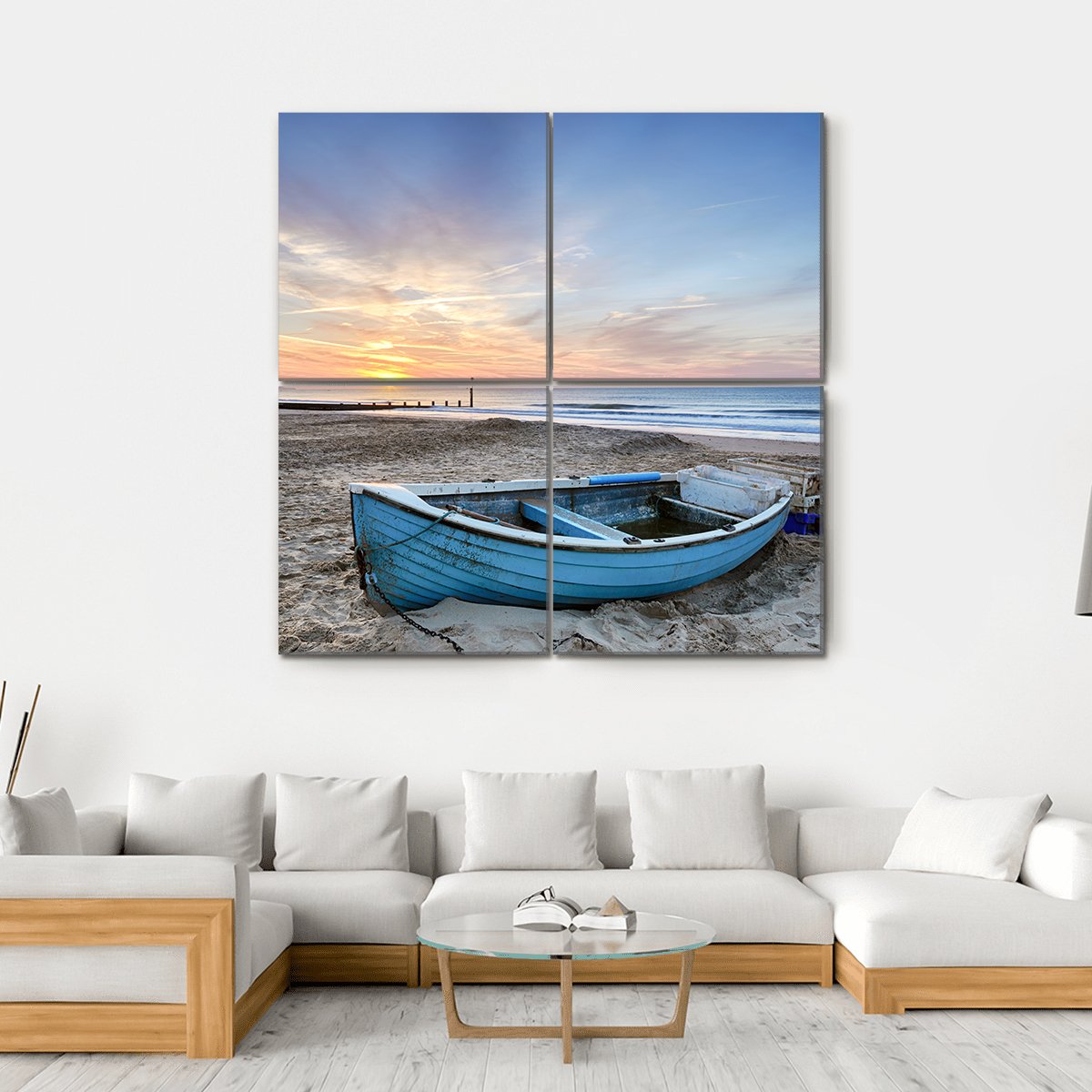 Turquoise Blue Fishing Boat At Sunrise Canvas Wall Art-4 Square-Gallery Wrap-17" x 17"-Tiaracle