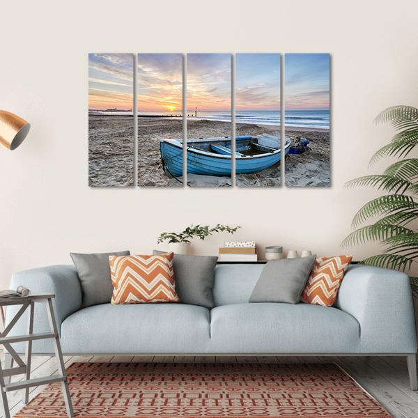 Turquoise Blue Fishing Boat At Sunrise Canvas Wall Art-5 Horizontal-Gallery Wrap-22" x 12"-Tiaracle