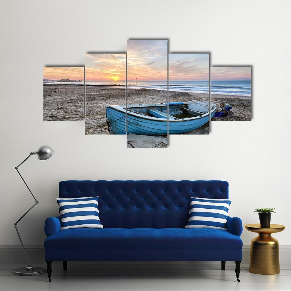 Turquoise Blue Fishing Boat At Sunrise Canvas Wall Art-3 Horizontal-Gallery Wrap-37" x 24"-Tiaracle