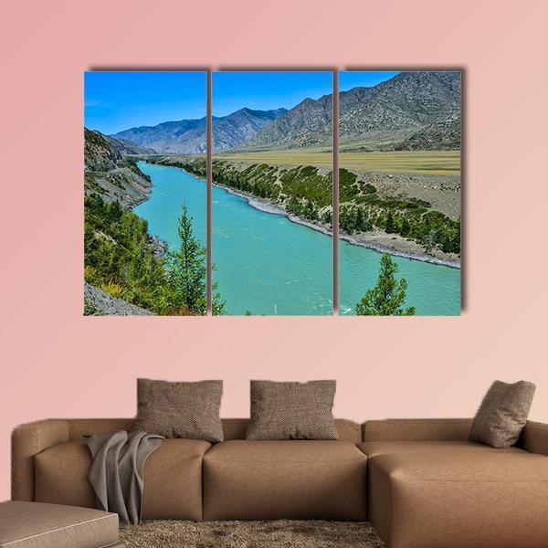 Turquoise Katun River In Russia Canvas Wall Art-3 Horizontal-Gallery Wrap-37" x 24"-Tiaracle