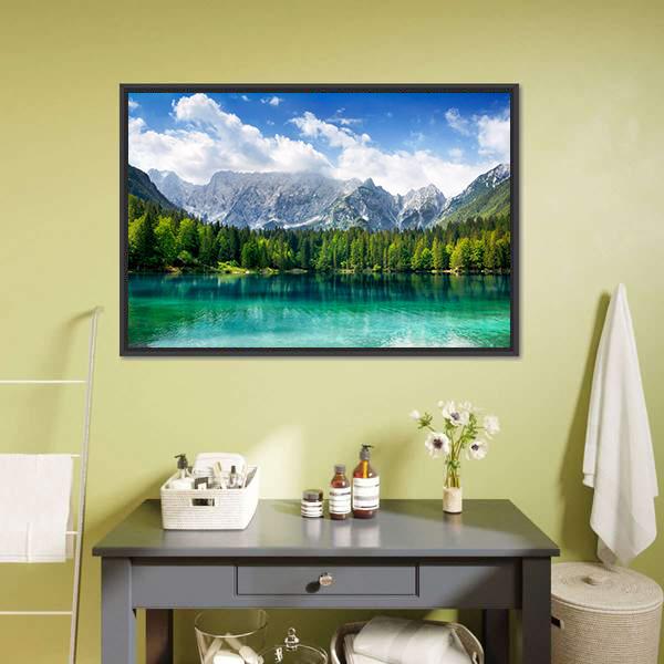 Turquoise Lake In Forest Canvas Wall Art-1 Piece-Floating Frame-24" x 16"-Tiaracle