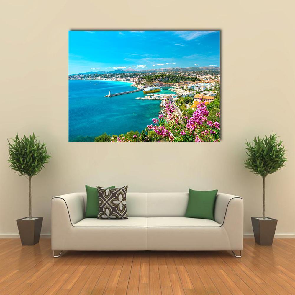 Mediterranean Harbor with Turquoise Sea Canvas Wall Art in green and blue, single panel hung on a wall