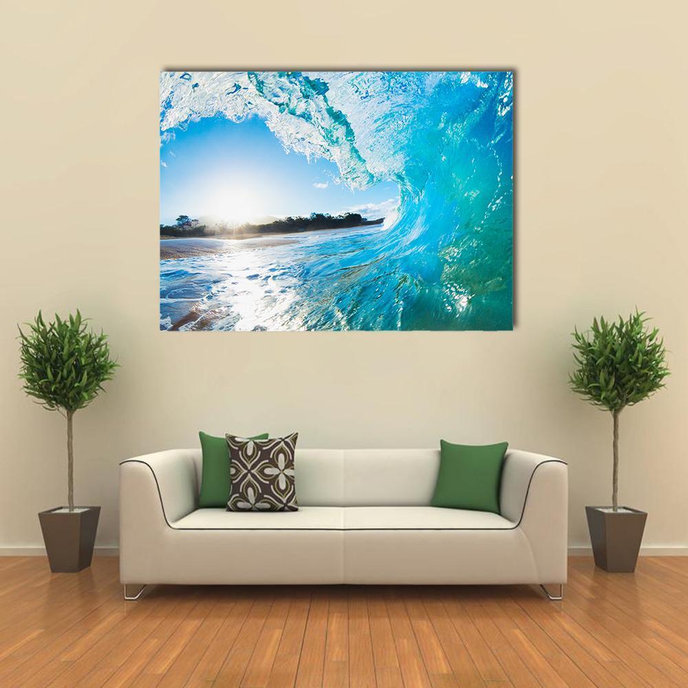 Turquoise Ocean Wave Canvas Wall Art in white and blue, single panel hung on a wall