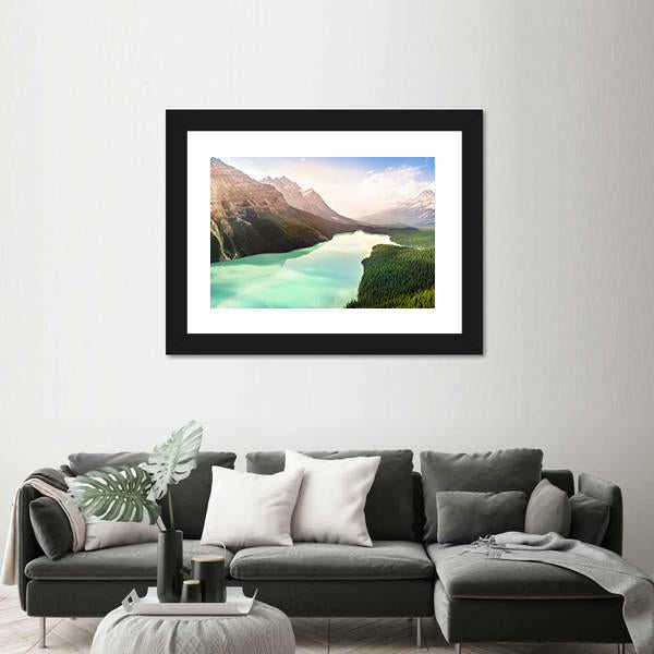 Turquoise Peyto Lake In Canada Canvas Wall Art-1 Piece-Framed Print-20" x 16"-Tiaracle