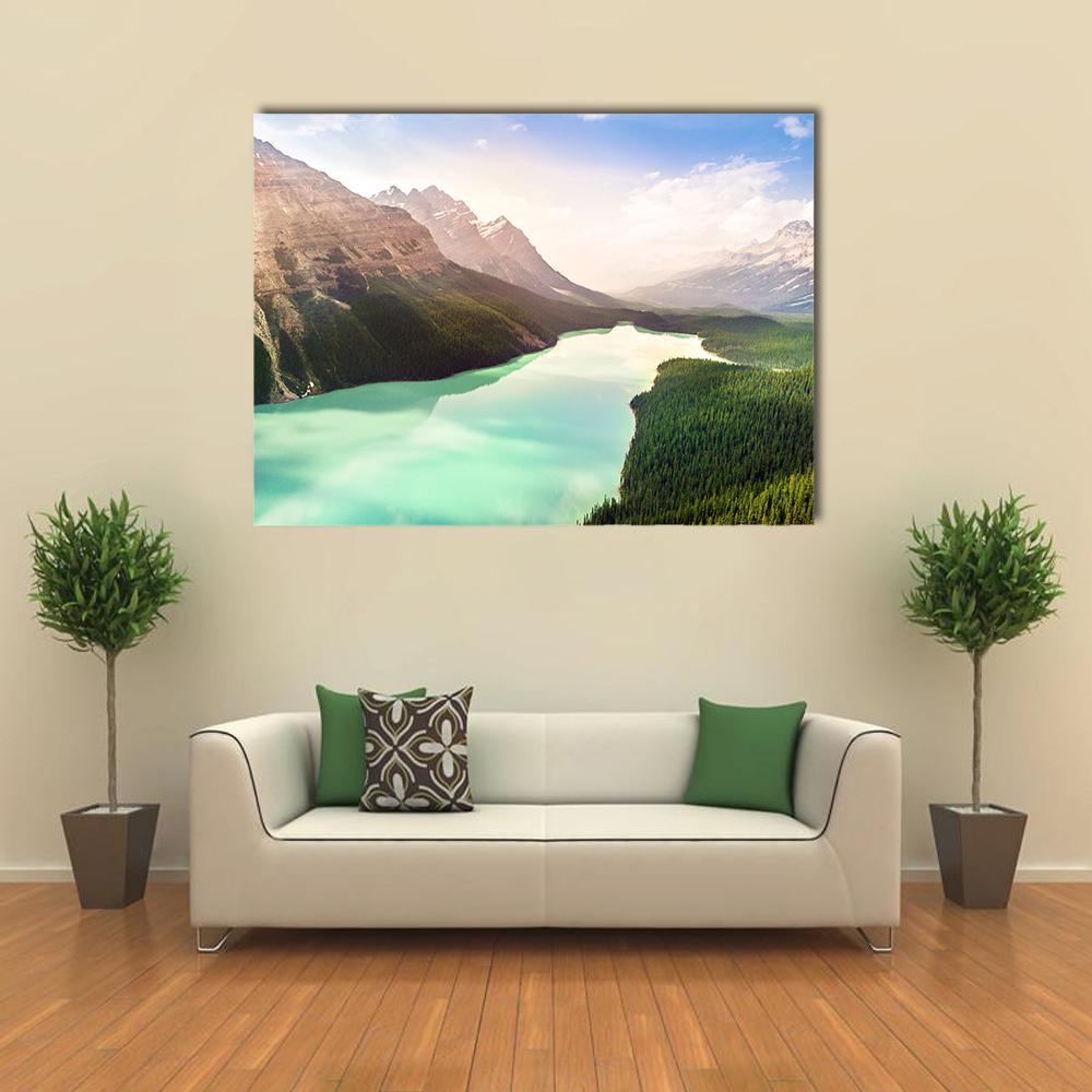 Turquoise Peyto Lake in Canada Canvas Wall Art in brown, green and blue, single panel hung on a wall