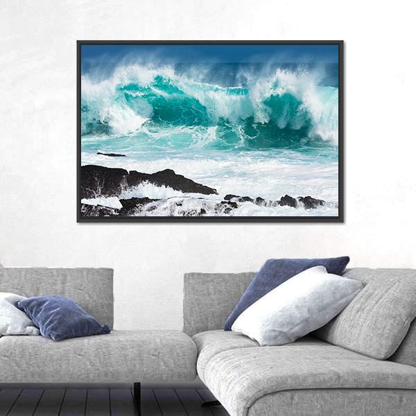 Turquoise Rolling Wave Slaming On The Rocks Of The Coastline Canvas Wall Art-1 Piece-Floating Frame-24" x 16"-Tiaracle
