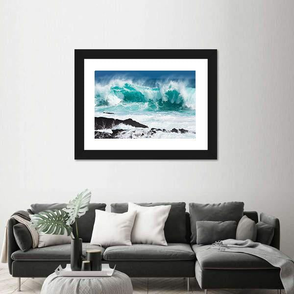 Turquoise Rolling Wave Slaming On The Rocks Of The Coastline Canvas Wall Art-1 Piece-Framed Print-20" x 16"-Tiaracle