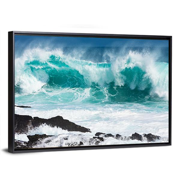Turquoise Rolling Wave Slaming On The Rocks Of The Coastline Canvas Wall Art-3 Horizontal-Gallery Wrap-25" x 16"-Tiaracle