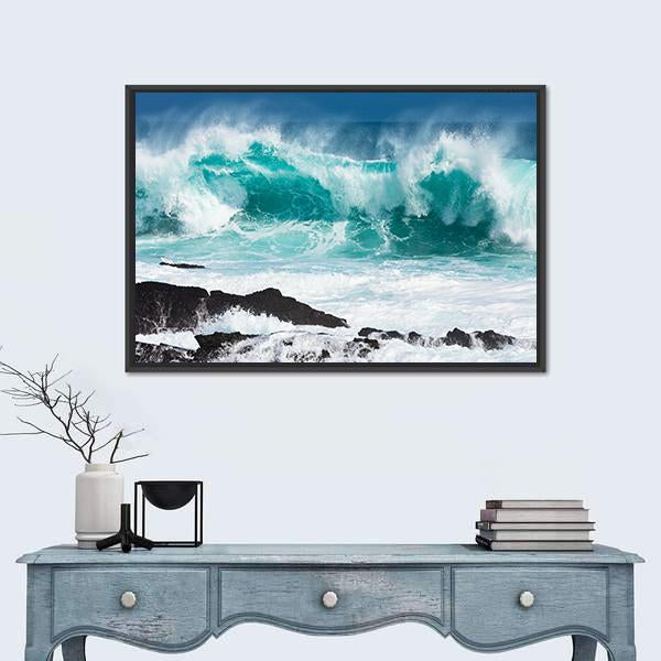 Turquoise Rolling Wave Slaming On The Rocks Of The Coastline Canvas Wall Art-3 Horizontal-Gallery Wrap-25" x 16"-Tiaracle