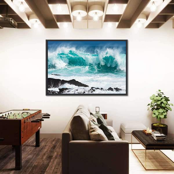 Turquoise Rolling Wave Slaming On The Rocks Of The Coastline Canvas Wall Art-3 Horizontal-Gallery Wrap-25" x 16"-Tiaracle
