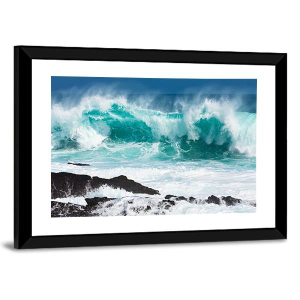 Turquoise Rolling Wave Slaming On The Rocks Of The Coastline Canvas Wall Art-3 Horizontal-Gallery Wrap-25" x 16"-Tiaracle