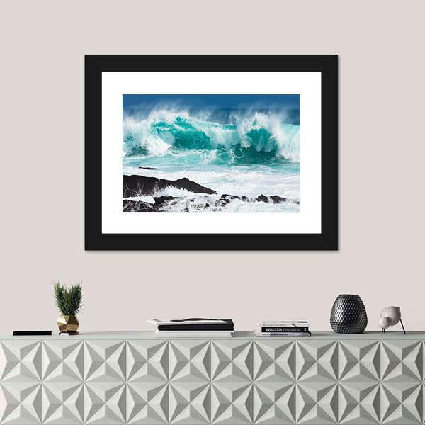 Turquoise Rolling Wave Slaming On The Rocks Of The Coastline Canvas Wall Art-3 Horizontal-Gallery Wrap-25" x 16"-Tiaracle