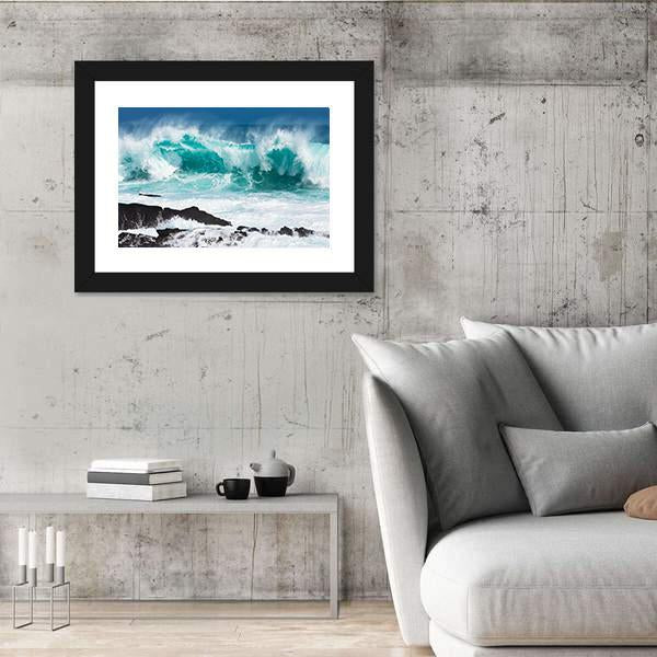 Turquoise Rolling Wave Slaming On The Rocks Of The Coastline Canvas Wall Art-3 Horizontal-Gallery Wrap-25" x 16"-Tiaracle