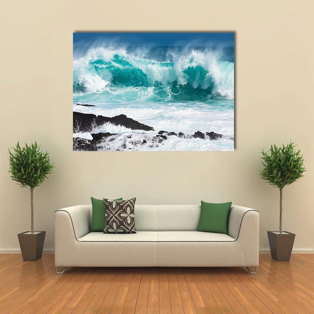 Turquoise Rolling Wave Slaming On The Rocks Of The Coastline Canvas Wall Art-1 Piece-Gallery Wrap-48" x 32"-Tiaracle