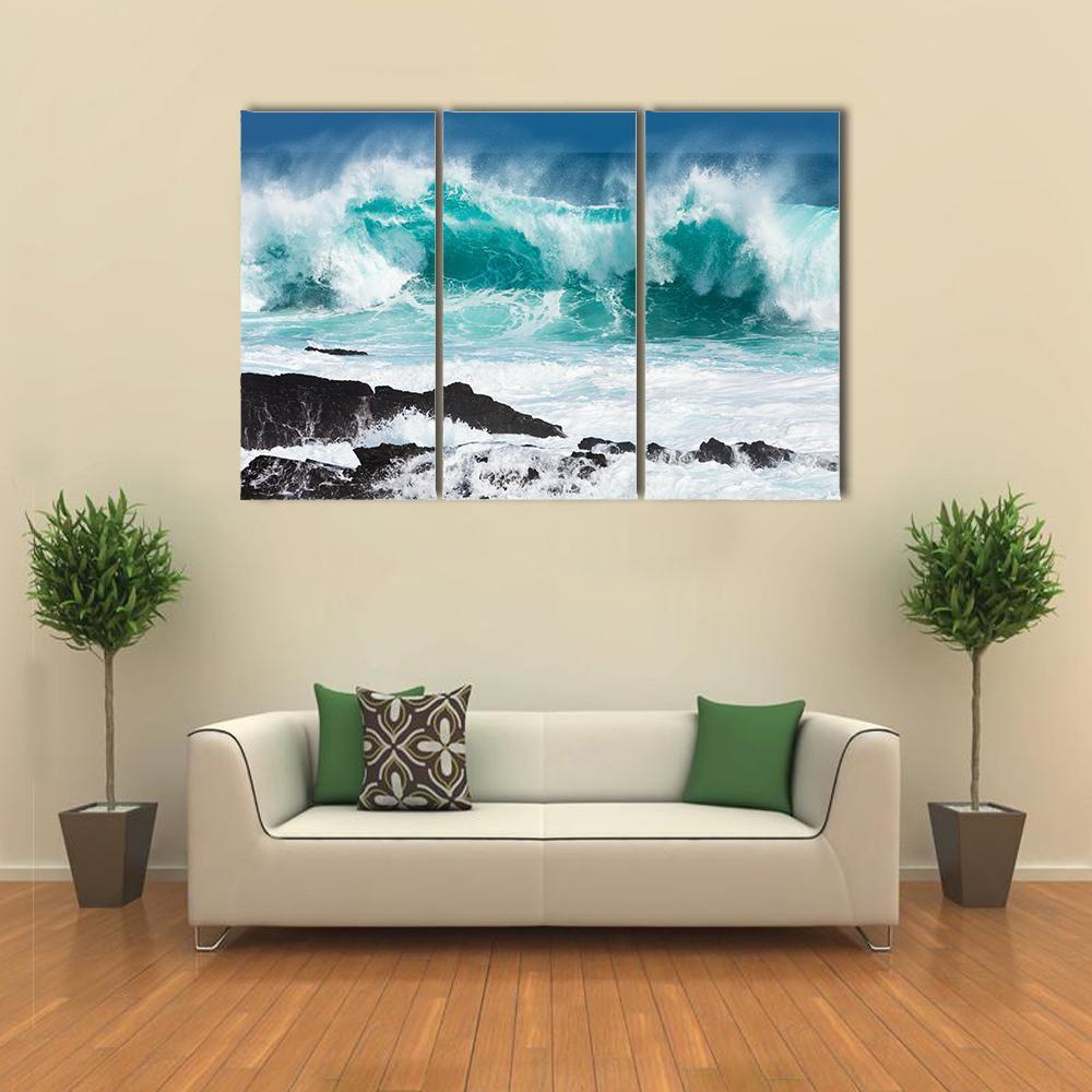 Turquoise Rolling Wave Slaming On The Rocks Of The Coastline Canvas Wall Art-3 Horizontal-Gallery Wrap-37" x 24"-Tiaracle