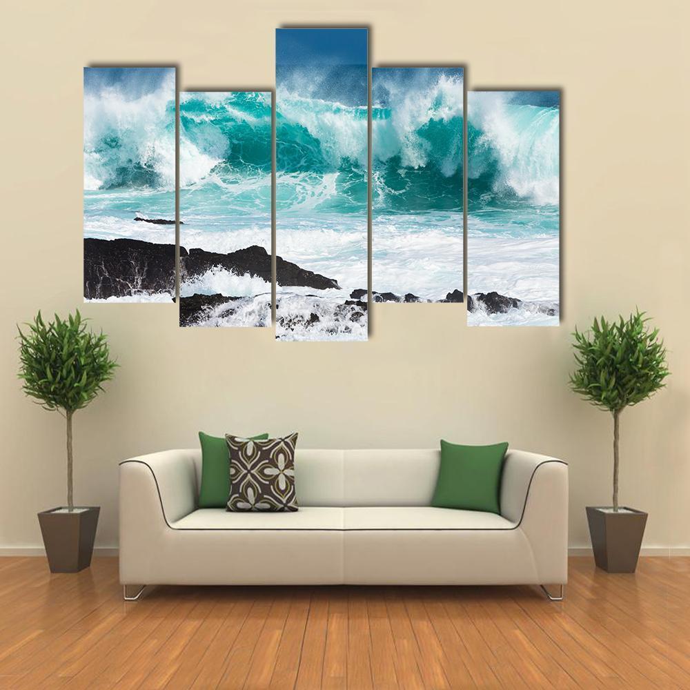 Turquoise Rolling Wave Slaming On The Rocks Of The Coastline Canvas Wall Art-5 Pop-Gallery Wrap-47" x 32"-Tiaracle