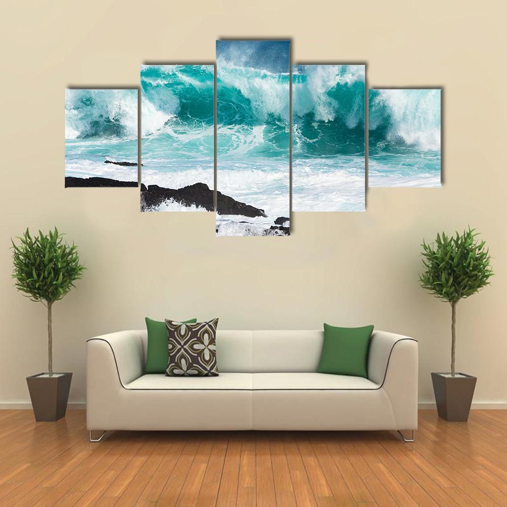 Turquoise Rolling Wave Slaming On The Rocks Of The Coastline Canvas Wall Art-5 Star-Gallery Wrap-62" x 32"-Tiaracle
