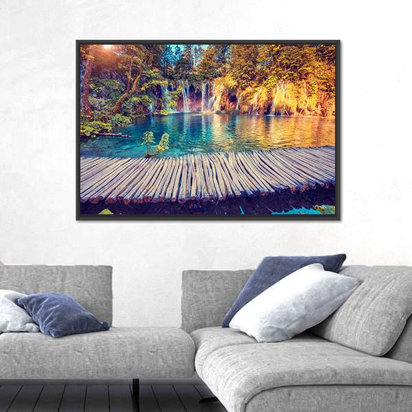 Turquoise Water And Sunny Beams In Plitvice Lakes Canvas Wall Art-1 Piece-Floating Frame-24" x 16"-Tiaracle