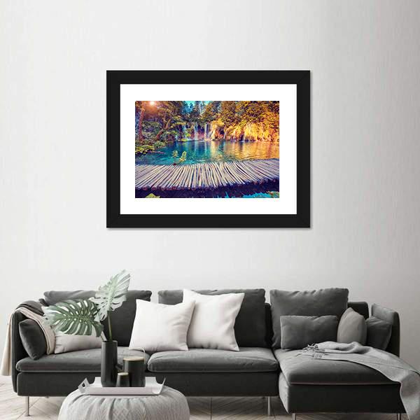 Turquoise Water And Sunny Beams In Plitvice Lakes Canvas Wall Art-1 Piece-Framed Print-20" x 16"-Tiaracle