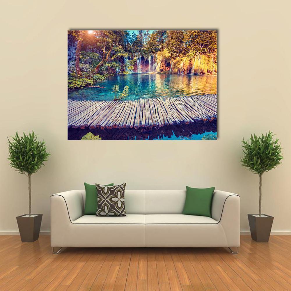 Turquoise Water And Sunny Beams In Plitvice Lakes Canvas Wall Art-4 Horizontal-Gallery Wrap-34" x 24"-Tiaracle