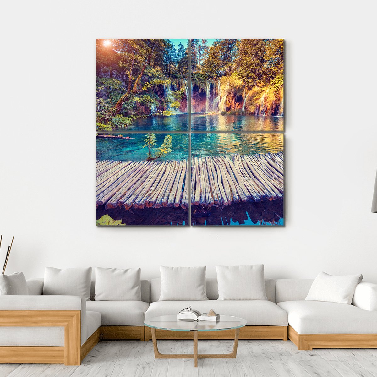 Turquoise Water And Sunny Beams In Plitvice Lakes Canvas Wall Art-4 Square-Gallery Wrap-17" x 17"-Tiaracle