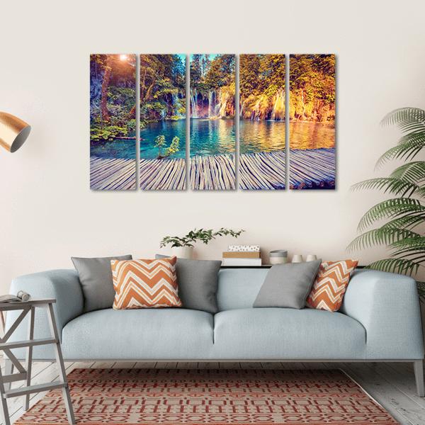 Turquoise Water And Sunny Beams In Plitvice Lakes Canvas Wall Art-5 Horizontal-Gallery Wrap-22" x 12"-Tiaracle