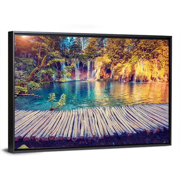 Turquoise Water And Sunny Beams In Plitvice Lakes Canvas Wall Art-3 Horizontal-Gallery Wrap-25" x 16"-Tiaracle