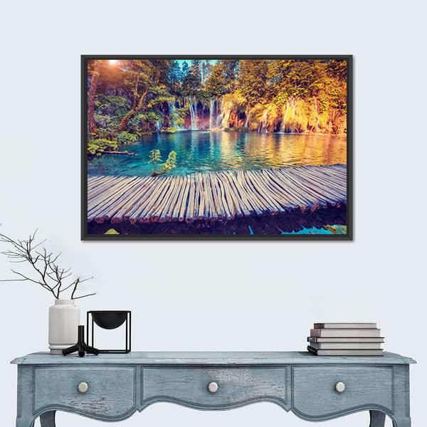 Turquoise Water And Sunny Beams In Plitvice Lakes Canvas Wall Art-3 Horizontal-Gallery Wrap-25" x 16"-Tiaracle