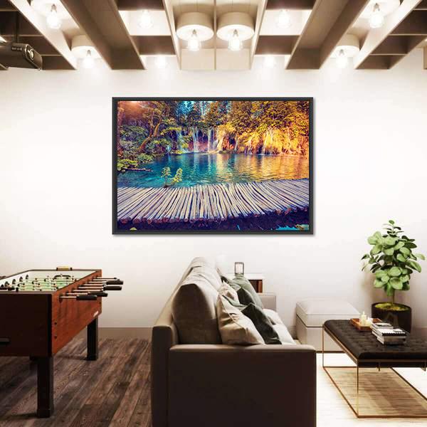 Turquoise Water And Sunny Beams In Plitvice Lakes Canvas Wall Art-3 Horizontal-Gallery Wrap-25" x 16"-Tiaracle