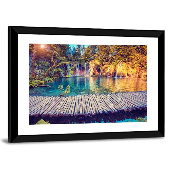 Turquoise Water And Sunny Beams In Plitvice Lakes Canvas Wall Art-3 Horizontal-Gallery Wrap-25" x 16"-Tiaracle