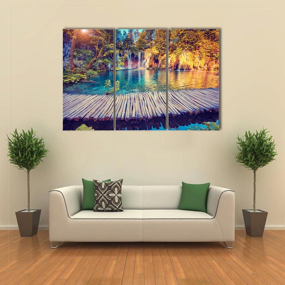 Turquoise Water And Sunny Beams In Plitvice Lakes Canvas Wall Art-3 Horizontal-Gallery Wrap-37" x 24"-Tiaracle