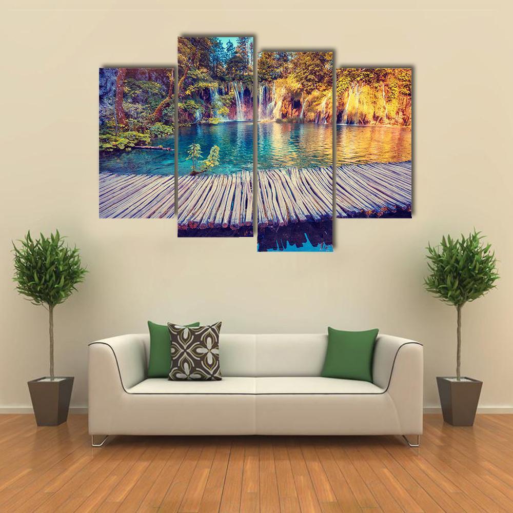 Turquoise Water And Sunny Beams In Plitvice Lakes Canvas Wall Art-4 Pop-Gallery Wrap-50" x 32"-Tiaracle