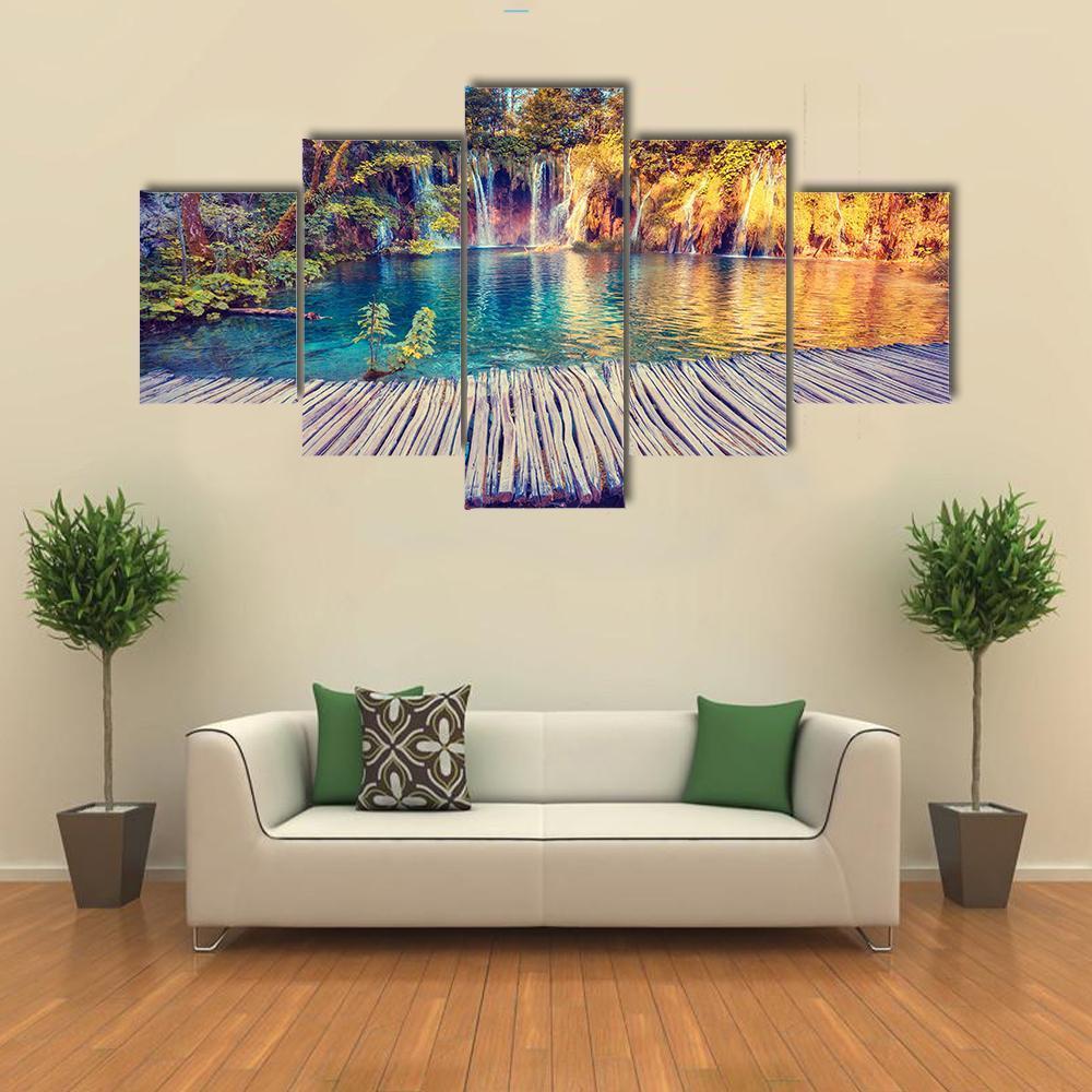 Turquoise Water And Sunny Beams In Plitvice Lakes Canvas Wall Art-5 Star-Gallery Wrap-62" x 32"-Tiaracle