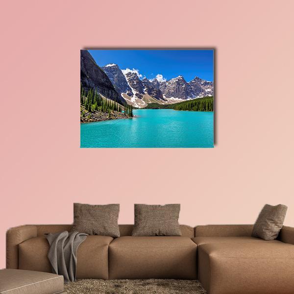 Turquoise Water at Moraine Lake Canvas Wall Art in gray and blue, single panel hung on a wall