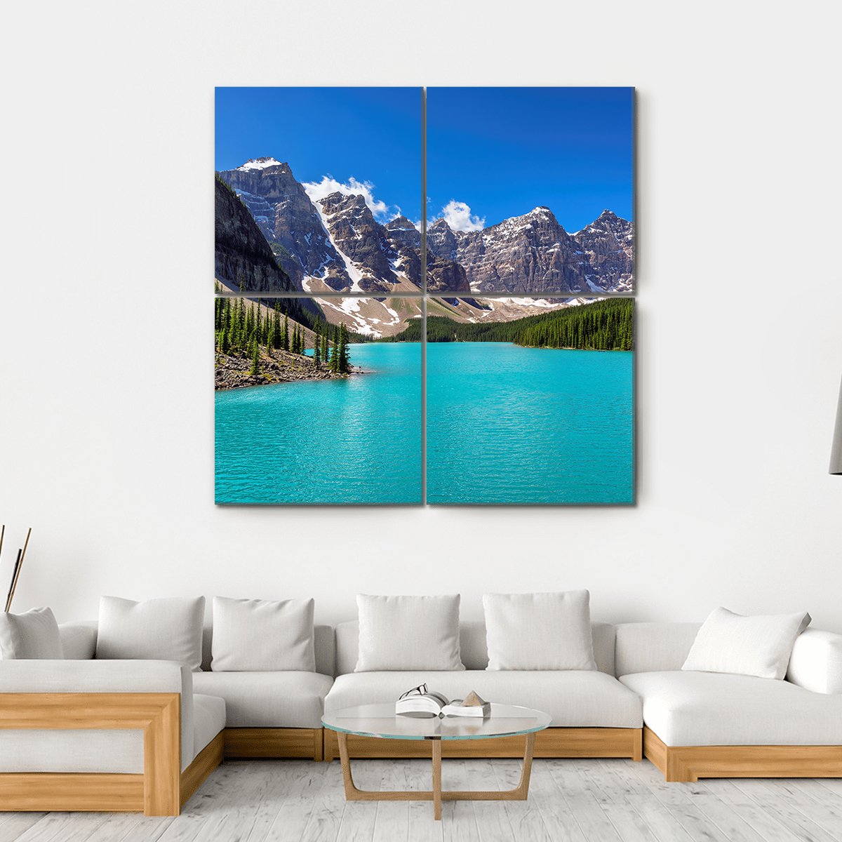 Turquoise Water Of Moraine Lake Canvas Wall Art-4 Square-Gallery Wrap-17" x 17"-Tiaracle