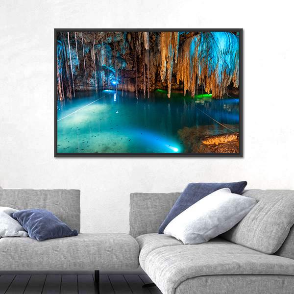 Turquoise Waters And Large Stalactites In Mexico Canvas Wall Art-1 Piece-Floating Frame-36" x 24"-Tiaracle