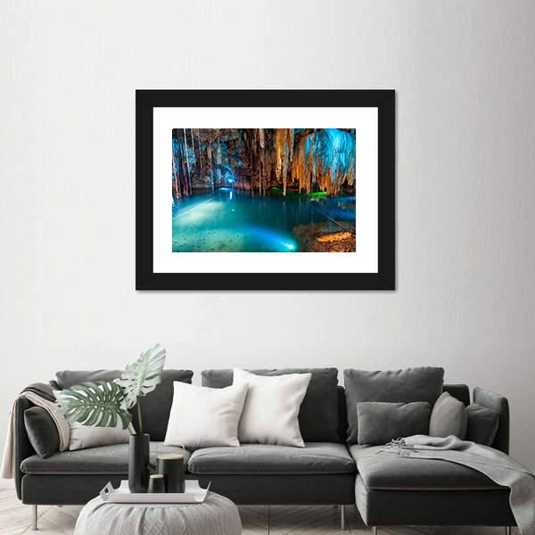 Turquoise Waters And Large Stalactites In Mexico Canvas Wall Art-1 Piece-Framed Print-20" x 16"-Tiaracle