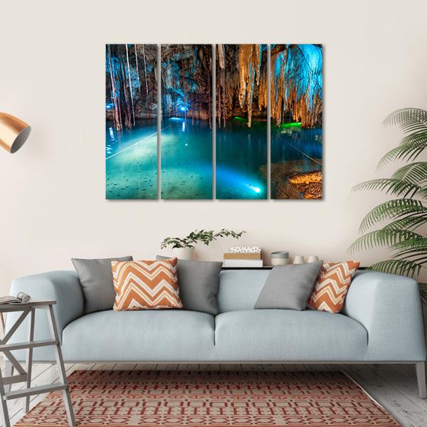 Turquoise Waters And Large Stalactites In Mexico Canvas Wall Art-4 Horizontal-Gallery Wrap-34" x 24"-Tiaracle