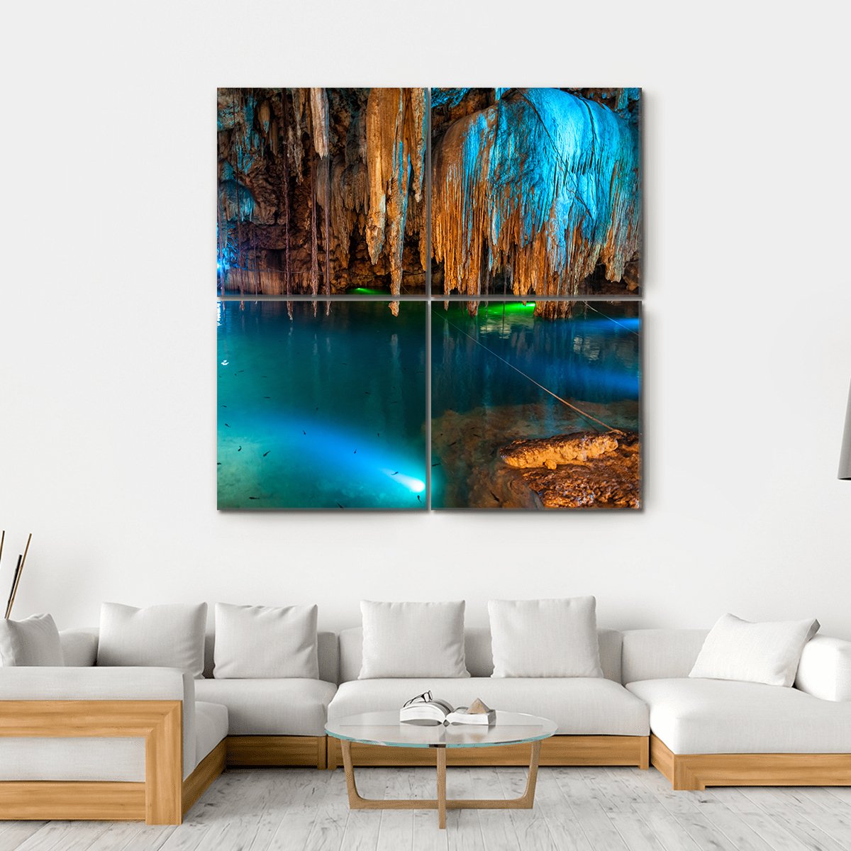 Turquoise Waters And Large Stalactites In Mexico Canvas Wall Art-4 Square-Gallery Wrap-17" x 17"-Tiaracle